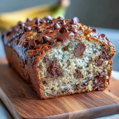A golden slice of chocolate chip protein banana bread, moist and fragrant with ripe bananas and studded with rich dark chocolate.