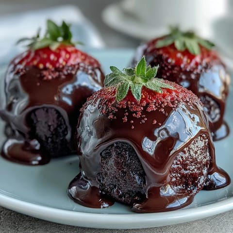 Luxurious Dubai chocolate strawberry truffles with gold flakes, featuring rich dark chocolate and freeze-dried strawberries in an elegant dessert.