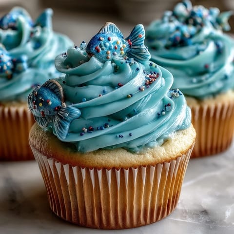 Delightful vanilla cupcakes topped with blue buttercream and charming fondant fish, perfect for zodiac-themed celebrations.