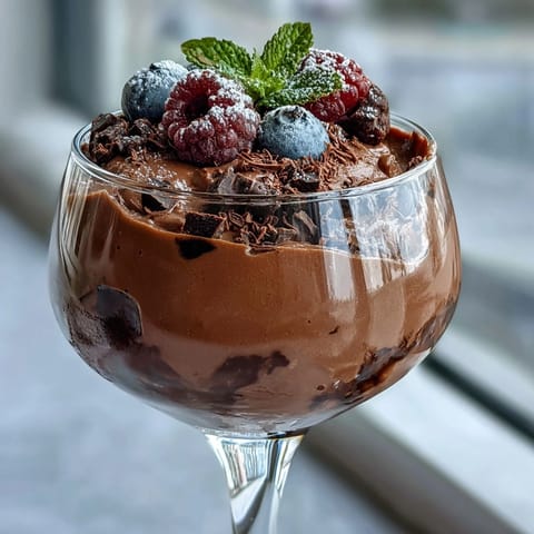 Velvety chocolate mousse with cottage cheese, rich cocoa, and a hint of vanilla, topped with fresh berries.