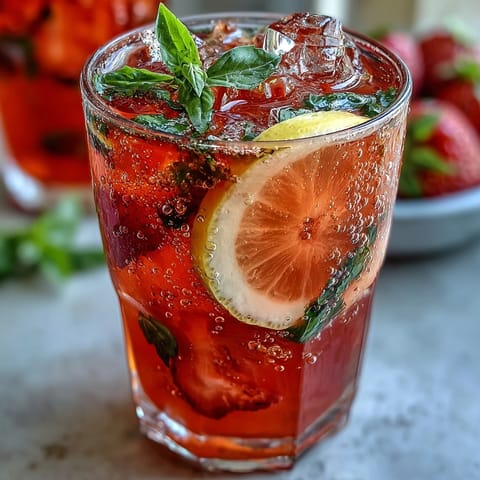 Refreshing strawberry basil lemonade with bright red berries and green basil leaves, perfect for summer gatherings.