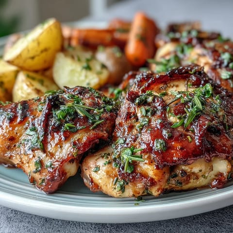 Golden-brown chicken drumsticks roasted with baby potatoes and carrots, seasoned with rosemary and thyme for a hearty sheet pan dinner.