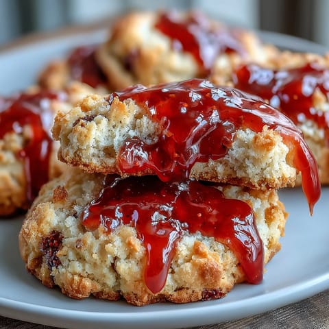 Buttery thumbprint cookies filled with vibrant strawberry jam, baked to golden perfection for a classic treat.