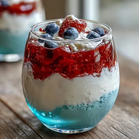 Vibrant red, white, and blue Jello cups with creamy layers, perfect for patriotic gatherings and summer celebrations.