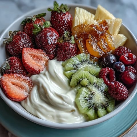 Spring Fruit Table Platter with Dipping Yogurt Sauce - colorful assortment of fresh berries, tropical fruits, and crisp apples arranged around creamy honey-yogurt dip.