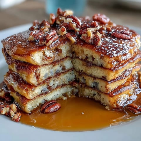 Fluffy baked pancake casserole with golden edges, drizzled with warm maple syrup and ready to serve.