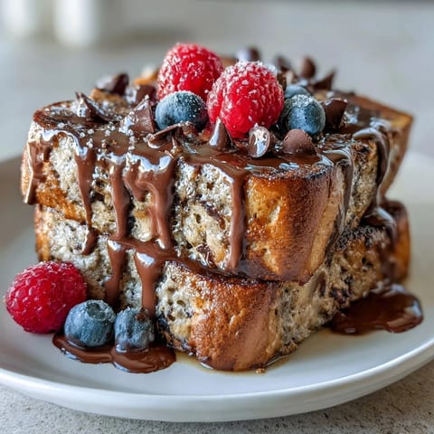 Golden-brown High-Protein Peanut Butter & Chocolate Baked French Toast squares sit in a baking dish, ready to be served for breakfast.