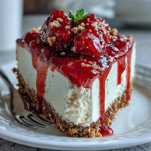Irresistible no-bake strawberry cheesecake with buttery graham cracker crust, perfect chilled.