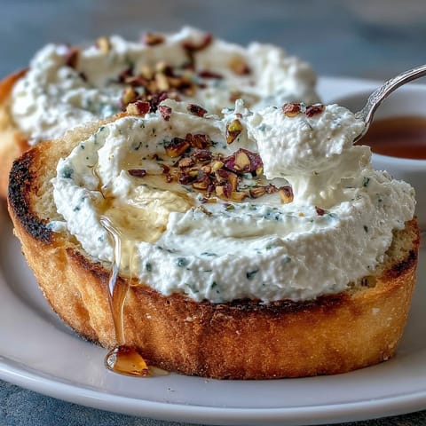 Buttery toasted bread with creamy whipped ricotta, drizzled with honey and topped with crunchy pistachios.