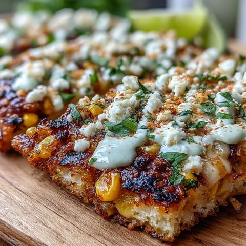 Vibrant street corn flatbread adorned with creamy cotija and cooling crema.