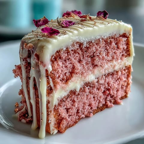 A festive Bridal Shower Rosé Velvet Cake with shimmering gold accents.
