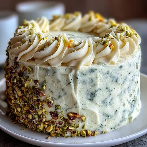 Vibrant Spring Birthday Lemon Pistachio Layered Cake with creamy frosting and chopped nuts.