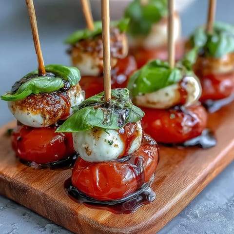 Mini Caprese salad skewers glistening with balsamic glaze, a vibrant Italian appetizer.