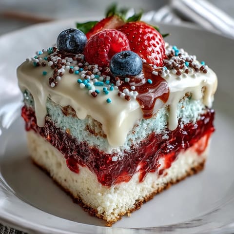 A slice of Patriotic Poke Cake with swirls of colorful gelatin and white chocolate ganache.