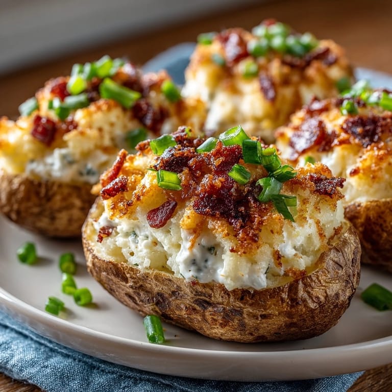 Warm, soft Cheddar Bacon Ranch Twice-Baked Potatoes, topped with crispy bits and chives.