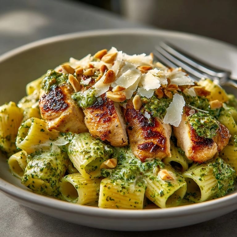 Homemade Creamy Pesto Chicken Pasta Skillet: steaming, cheesy, and delicious, top with herbs.