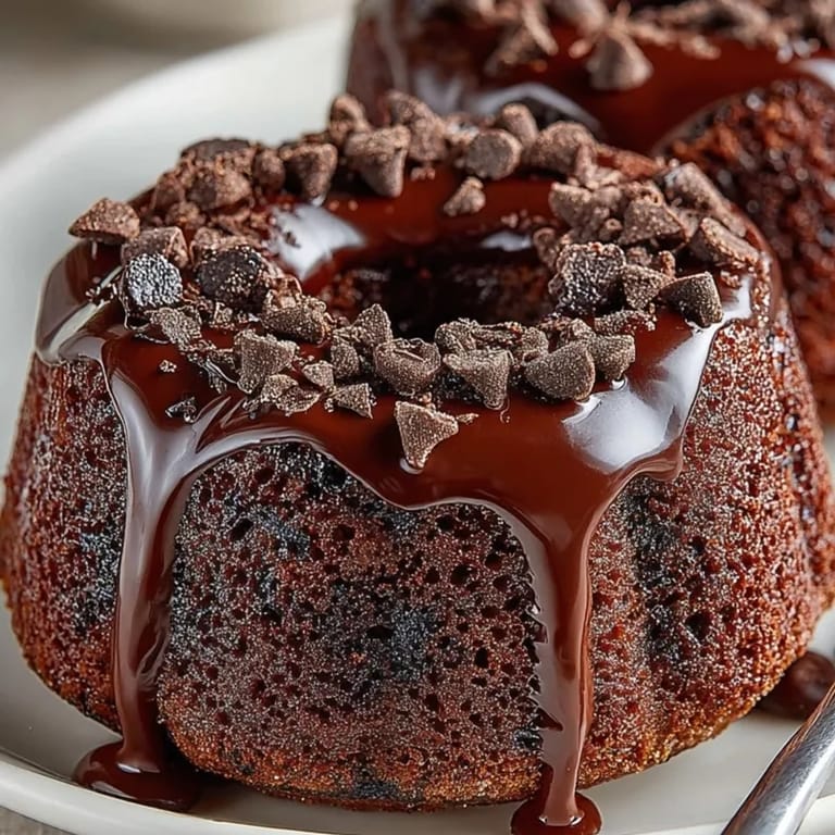 Homemade double chocolate chip mini bundt cakes glistened with a rich, dark chocolate glaze.