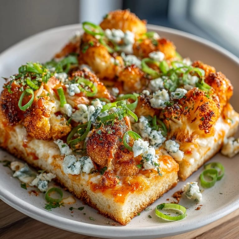 Golden buffalo cauliflower flatbread squares, baked until bubbly; perfect for game-day snacking.