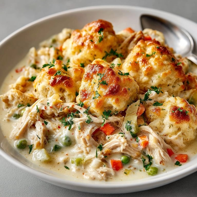 Picture creamy spoonfuls of homemade Chicken and Dumplings Casserole; savory comfort food, baked golden.