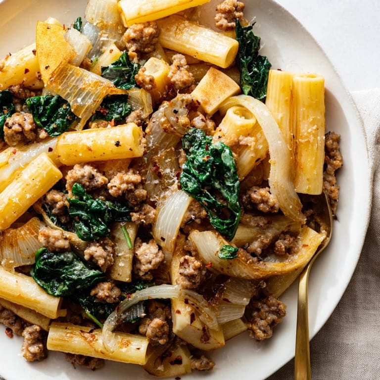 Cozy skillet view: Roasted Apple and Sausage Pasta, spinach wilting in creamy, herbed sauce.