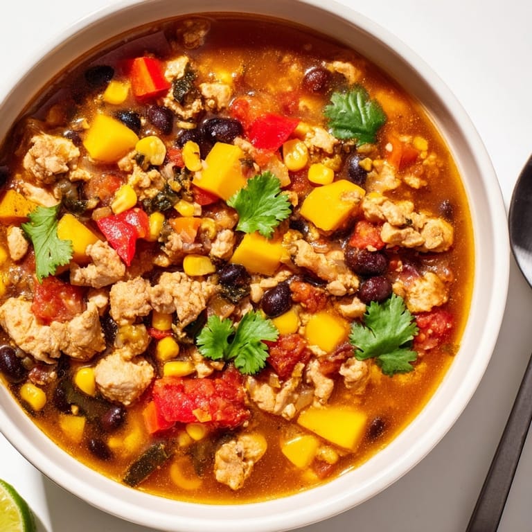 Close-up of hearty Mango Southwest Chicken Chili with fresh cilantro garnish and vibrant mango.