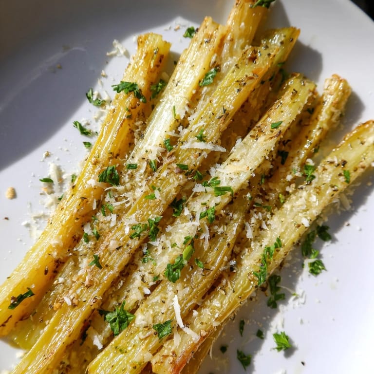 Close-up of baked Garlic Parmesan Celery Sticks, seasoned, cheesy, and perfectly crunchy.