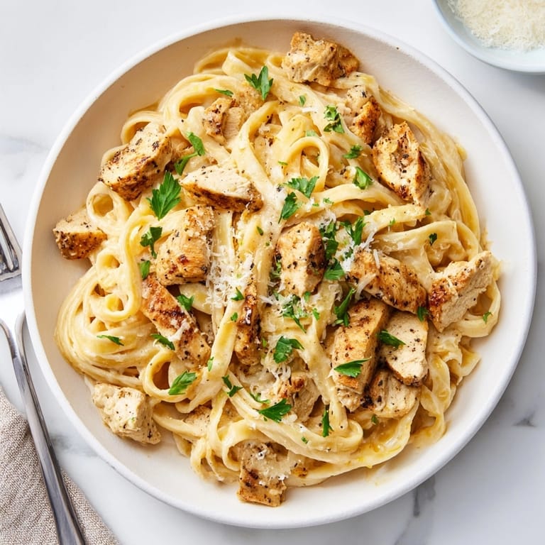 Close-up of Cajun Spiced Turkey Alfredo, a rich, comforting pasta dish.
