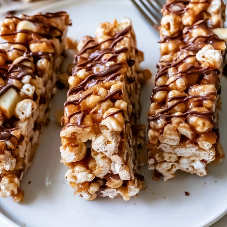 Golden caramel drizzles over chewy apple popcorn bars, perfect for dessert or snacking.