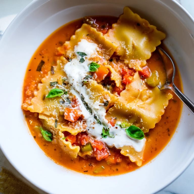 Rich tomato broth in lasagne soup topped with velvety truffle cream and basil.