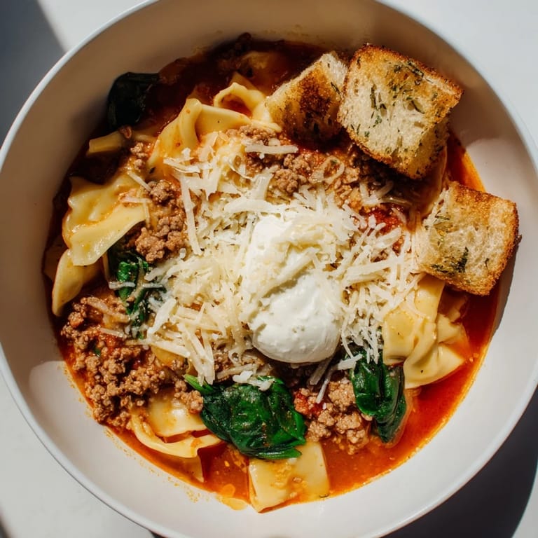 Flavorful Lasagne Soup served with crispy croutons for a comforting meal.  