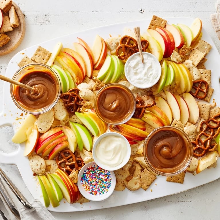 Festive Caramel Apple Charcuterie Board featuring pretzels and a variety of sweet toppings.
