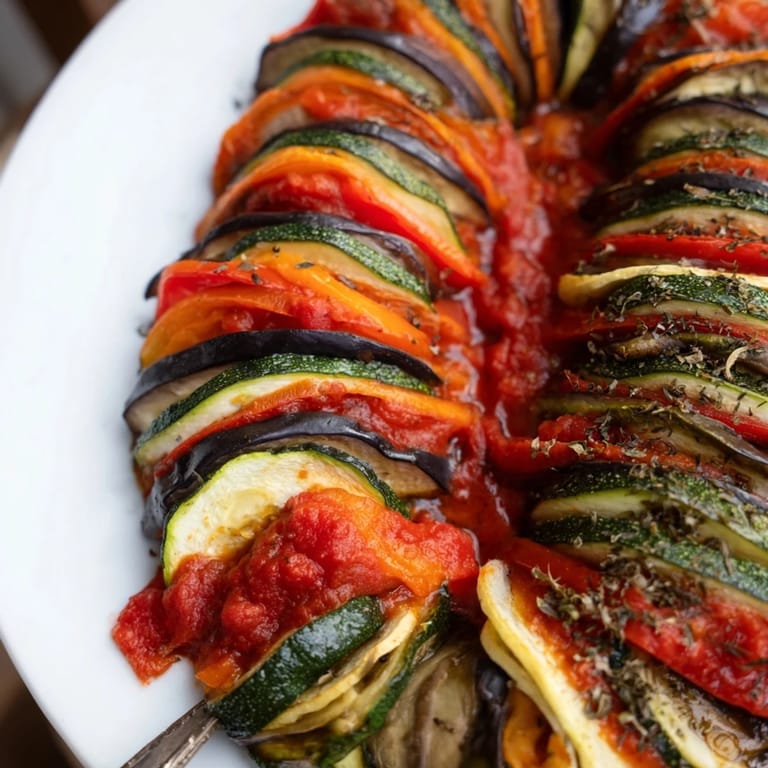 Aromatic One-Pan Ratatouille, oven-baked to perfection with layers of colorful veggies.  