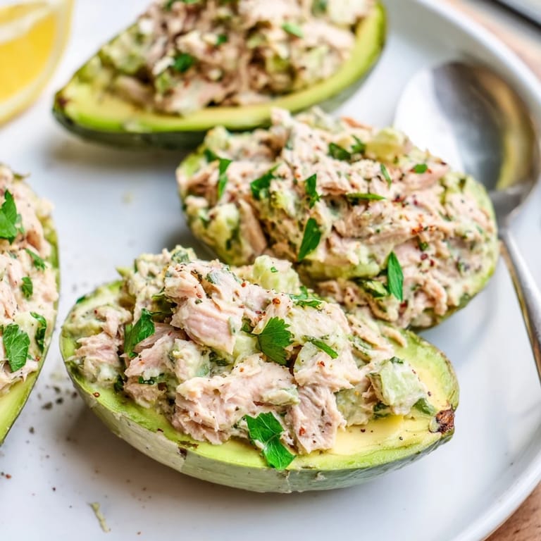 Delicious Tuna Salad Stuffed Avocado, vibrant green halves filled with savory goodness.  