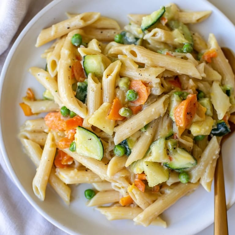 Delicious One-Pot Pasta Primavera, vibrant veggies mingling in a savory broth.  