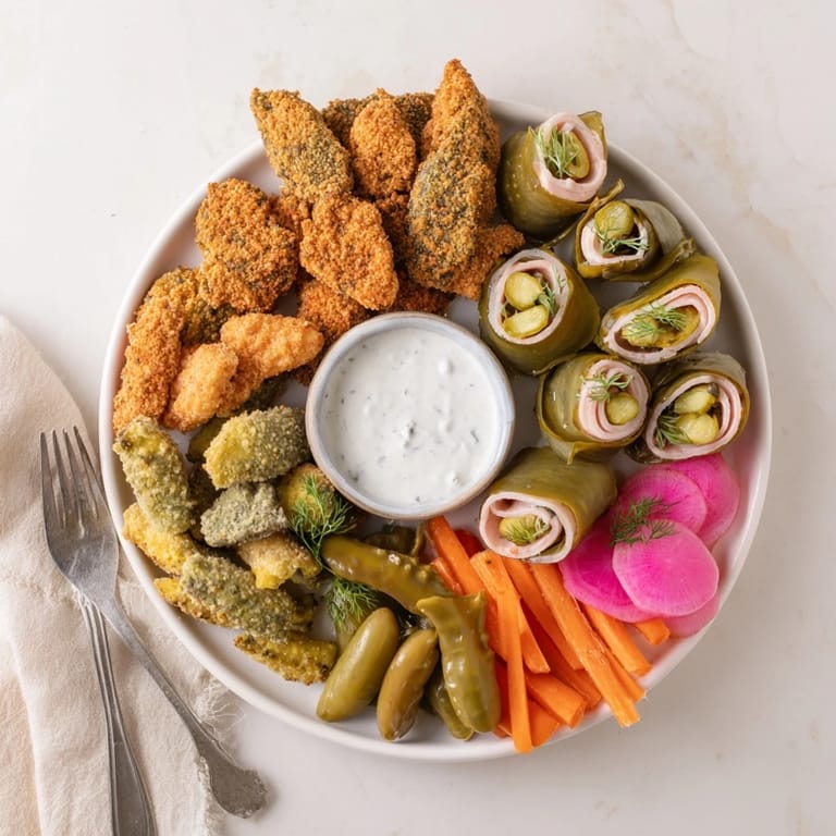 A colorful platter of pickled vegetables and delicious fried pickles for sharing.