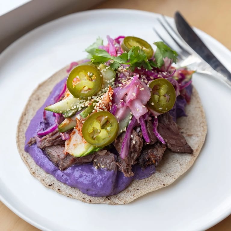 Delicious Korean bulgogi bowls with zesty toppings and creamy ube sauce.  