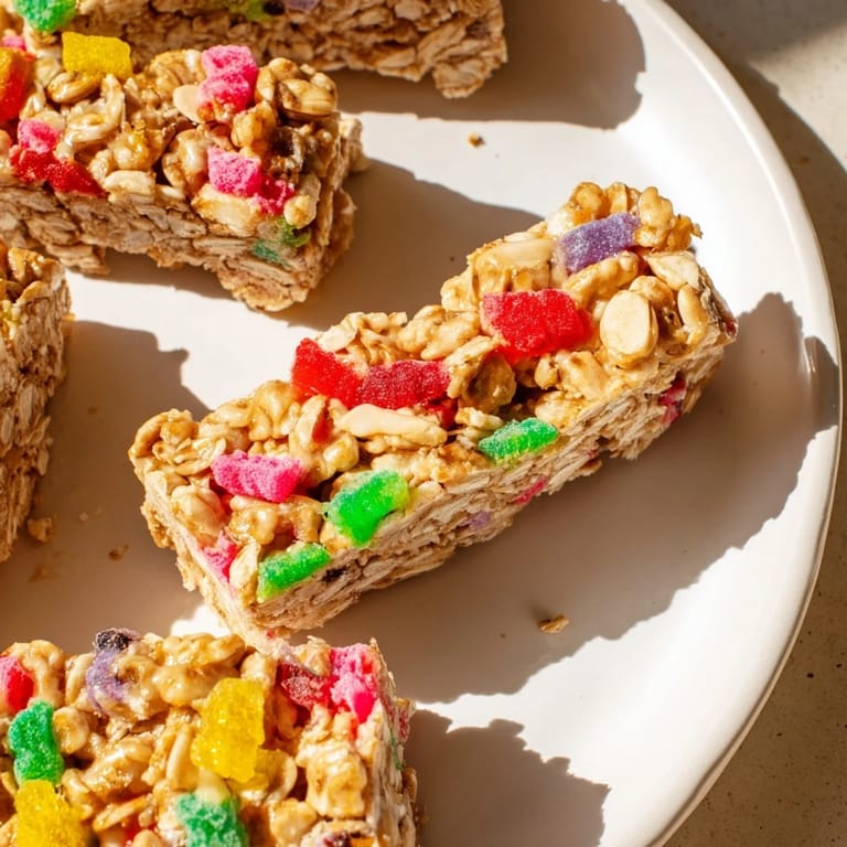 Nutty oat base supports vibrant layers of homemade gummies and freeze-dried candy mash-up.