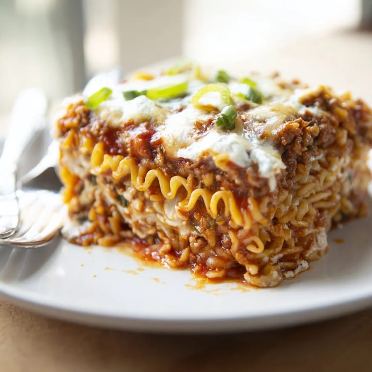 A delicious serving of spicy ramen lasagna ready to tantalize your taste buds.