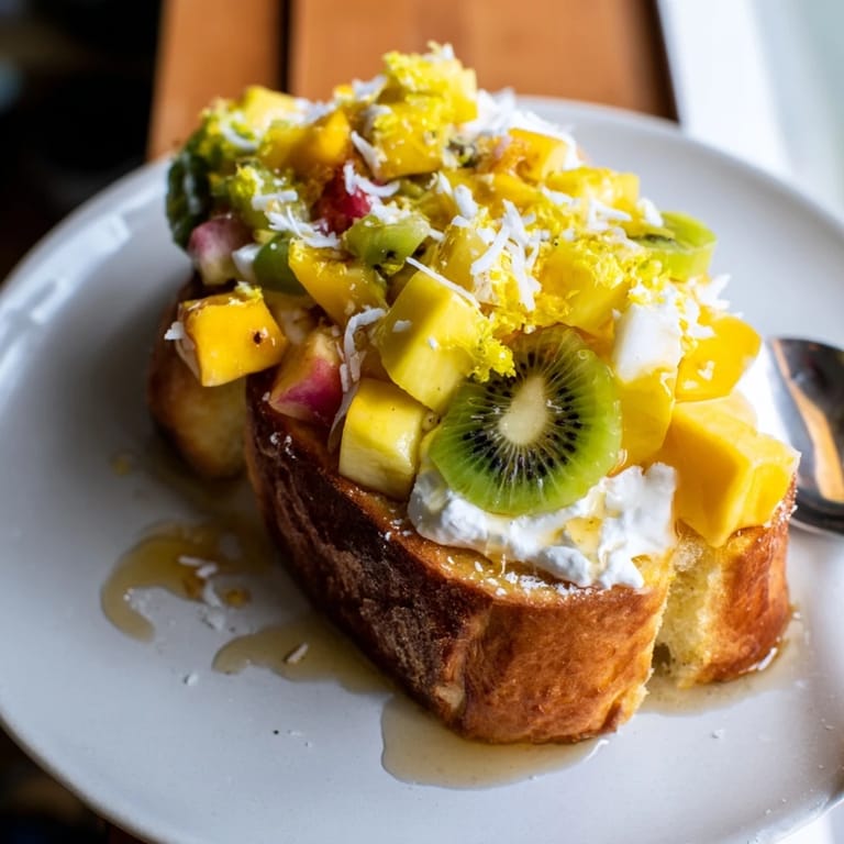 Deliciously golden Yogurt-Custard Toast, garnished with mango, kiwi, and pineapple slices.