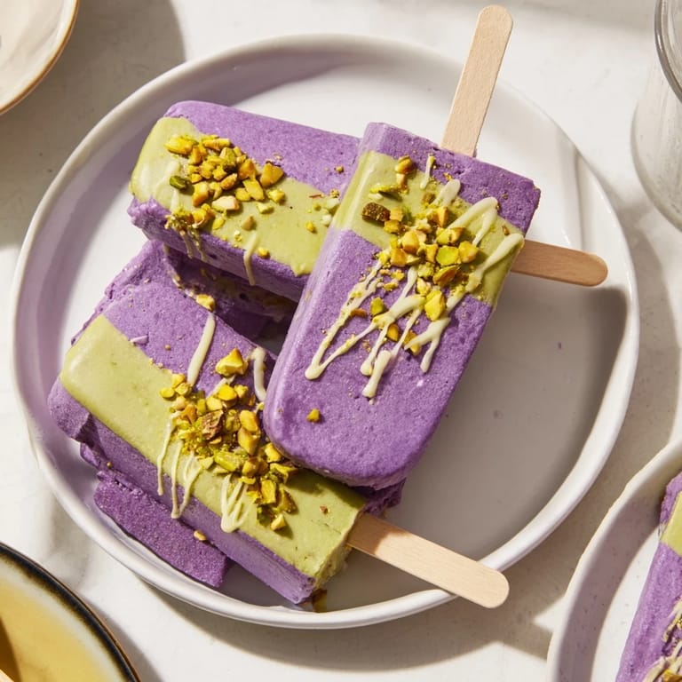 Icy ube and nutty pistachio ice cream bars, ideal for outdoor gatherings and celebrations.