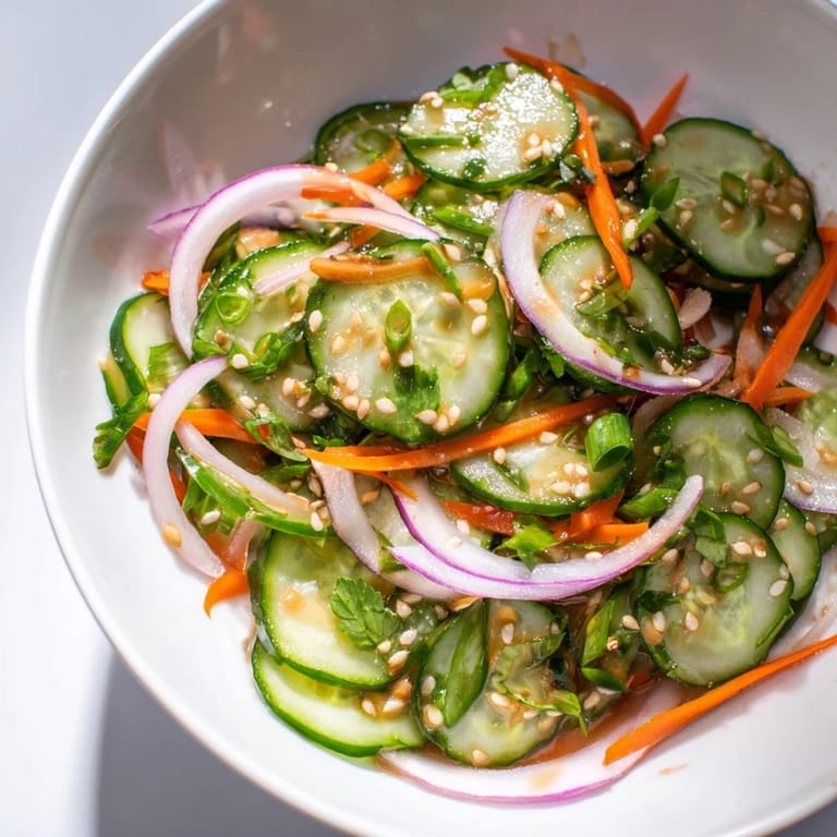 Refreshing cucumber salad remix served with toasted sesame seeds for added crunch.  