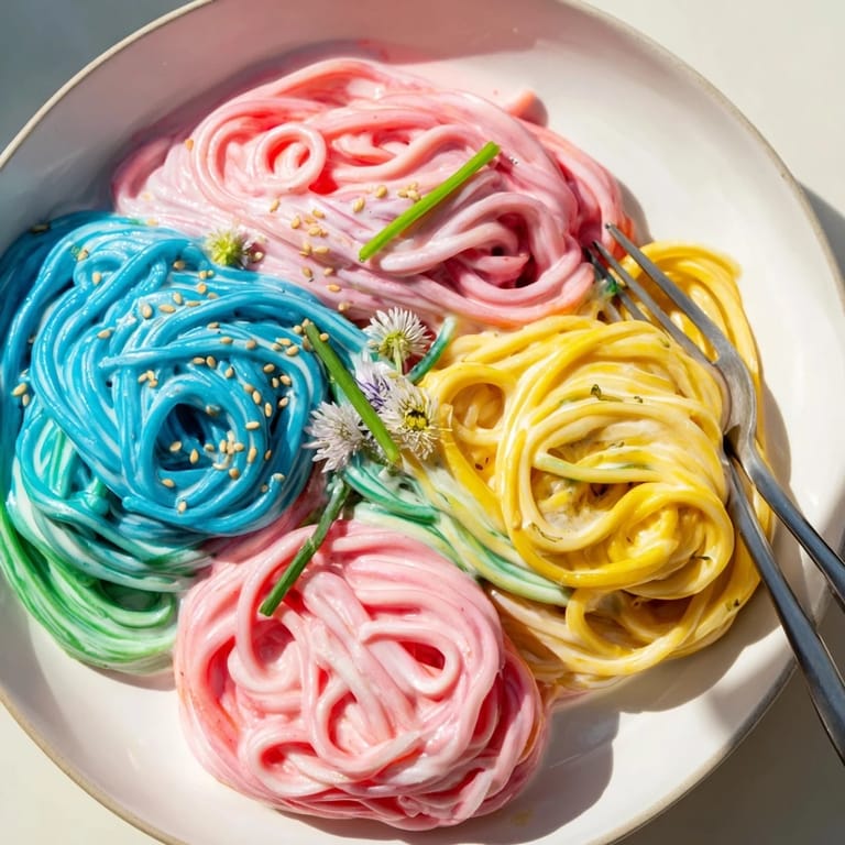 Whimsical Neon Noodle Cloud, bathed in a dreamy, vibrant cream sauce, ready to delight.  