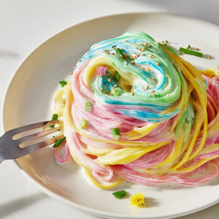 Vibrant Neon Noodle Cloud adorned with scallions and edible flowers for a festive touch.