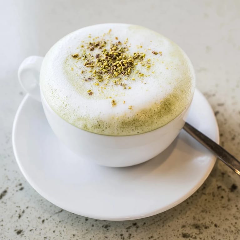 Warm, nutty pistachio milk latte with espresso, ideal for cozy coffee breaks.