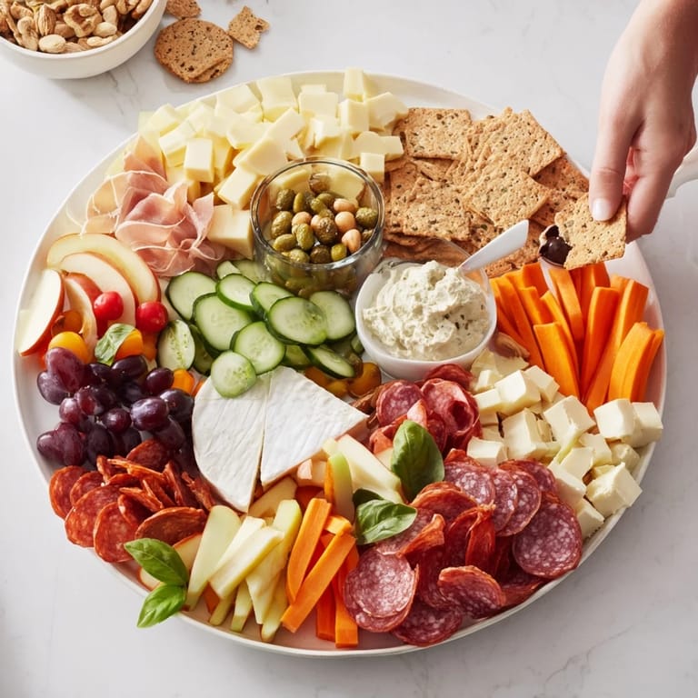 Deliciously arranged Girl Dinner Platter showcasing gourmet cheeses and fresh vegetables.  