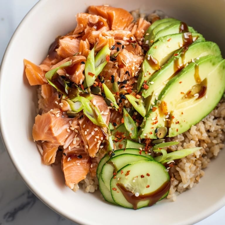 Quick leftover salmon and rice bowl, vividly garnished with pickled ginger and sesame seeds.