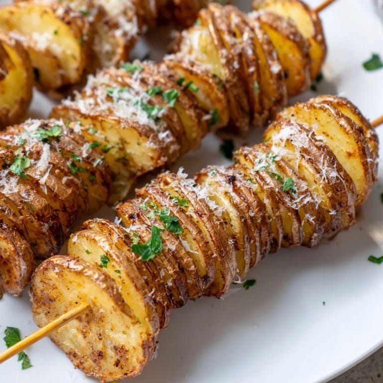 Golden spiral potatoes in the air fryer, garnished with Parmesan and parsley.  