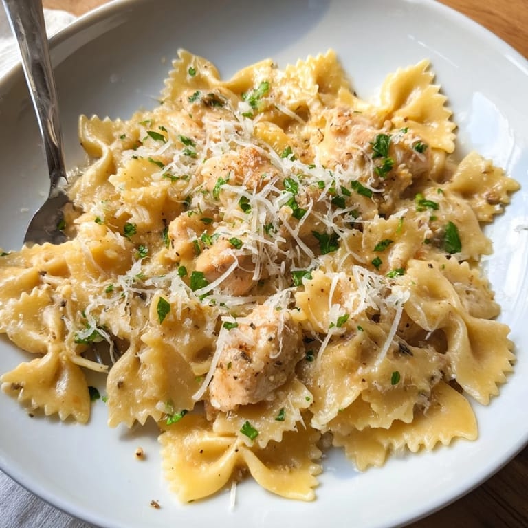 Melted mozzarella topping on flavorful Mozzarella Garlic Butter Chicken Bowties dish
