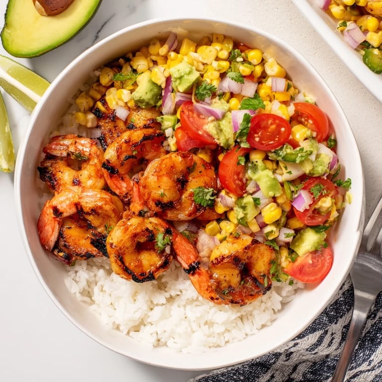 Fresh avocado corn salsa enhances the vibrant grilled shrimp bowl served over rice.  