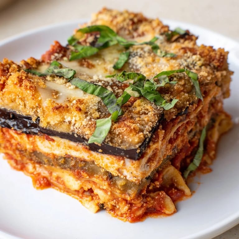 This Eggplant Parmesan Lasagna shows a comforting casserole with melted mozzarella and fresh basil garnish.